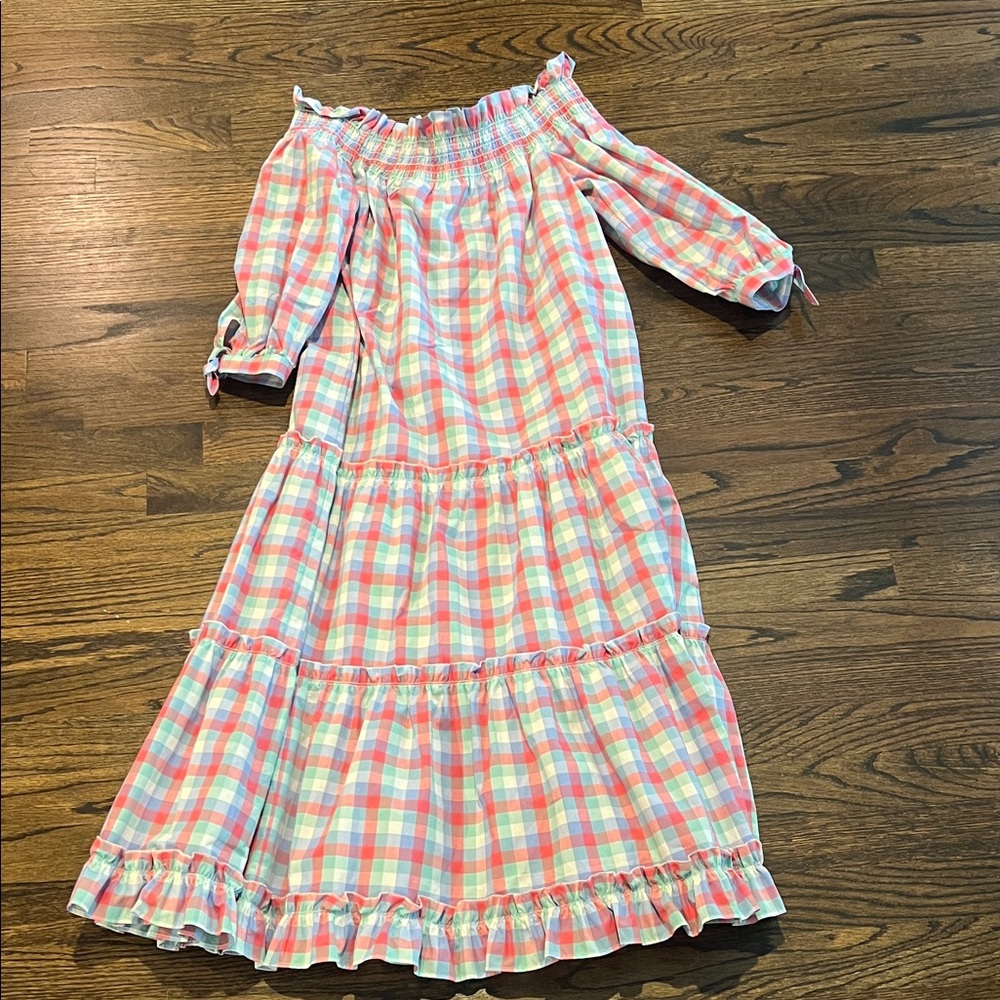 kate spade Pastel Pink, Blue & Mint Plaid Off-Shoulder Midi Dress